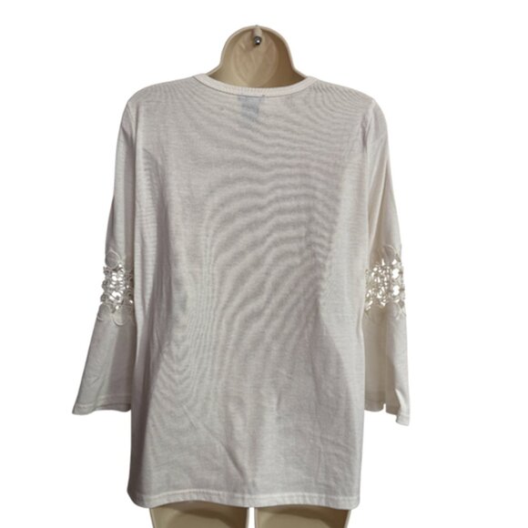 New Directions Off White 3/4 Length Lace Sleeve Asymmetrical Top Size M - Picture 4 of 9
